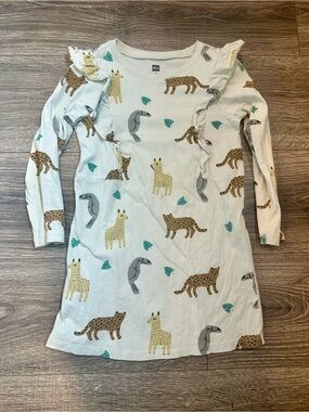 Tea Collection Girls' 6 Cream Animal Print Ruffle Long-wSleeve Top